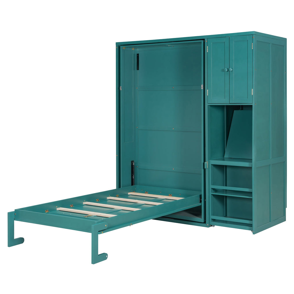 Rotating Wall Murphy Beds with Bookshelf, Teal (TWIN)