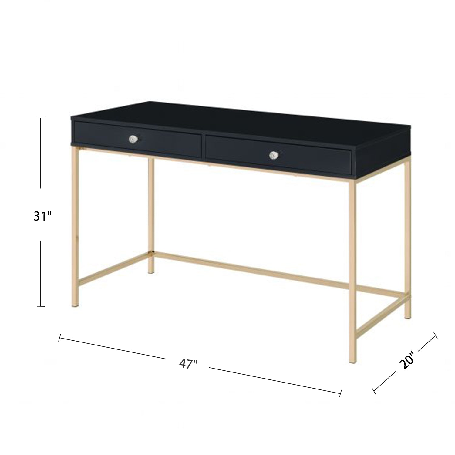 Rectangular Writing Desk with 2 Drawers, Black High Gloss and Gold
