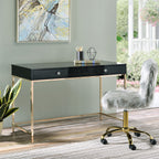 Rectangular Writing Desk with 2 Drawers, Black High Gloss and Gold