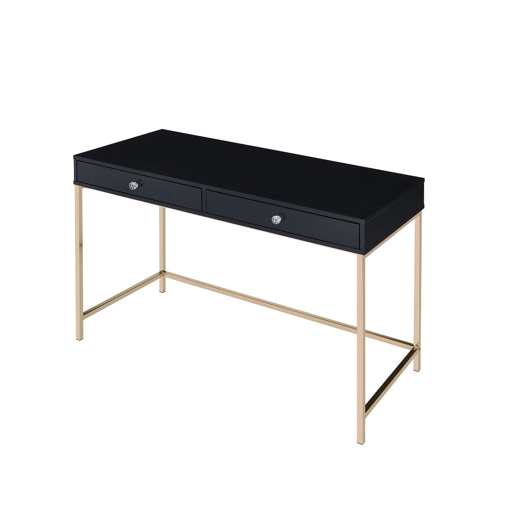 Rectangular Writing Desk with 2 Drawers, Black High Gloss and Gold