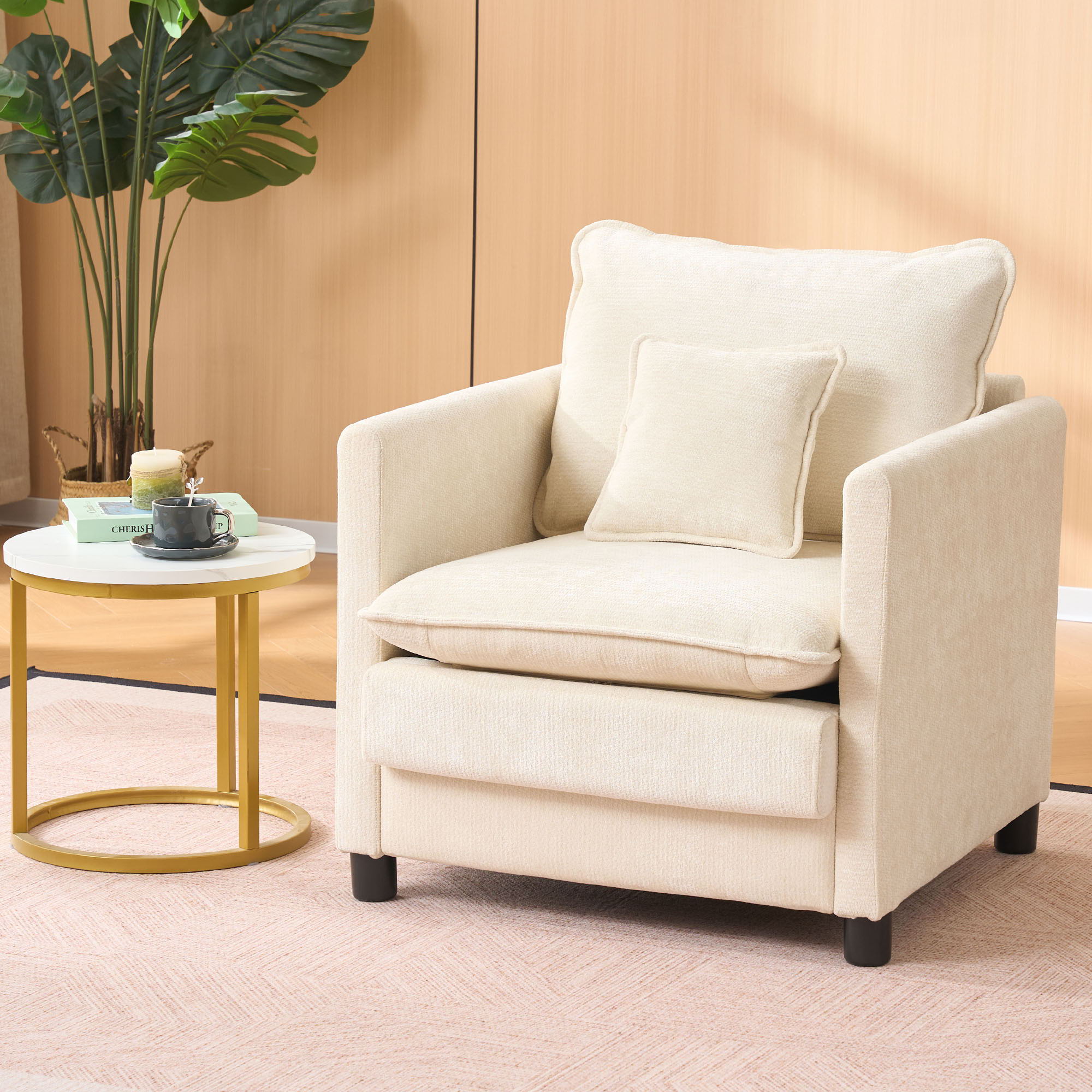 Modern Reading Armchair with Cushion, Beige