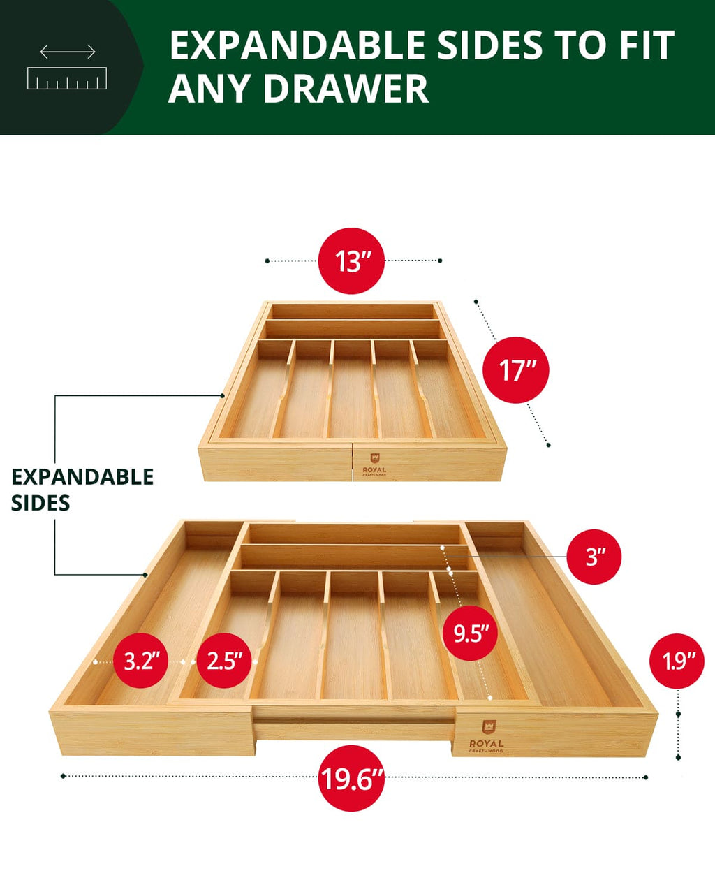 Bamboo Silverware Drawer Organizer, Expandable