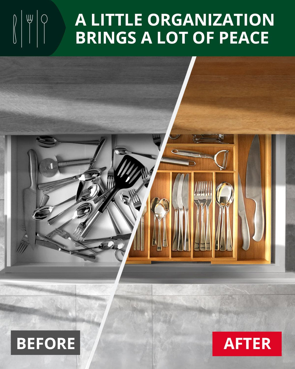 Bamboo Silverware Drawer Organizer, Expandable