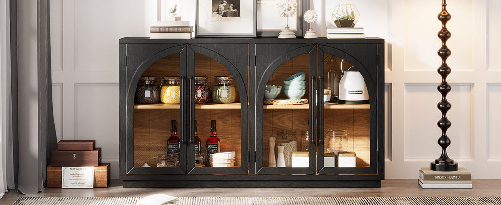 4-Door Storage Sideboard Buffet Cabinet with Arched Glass Doors