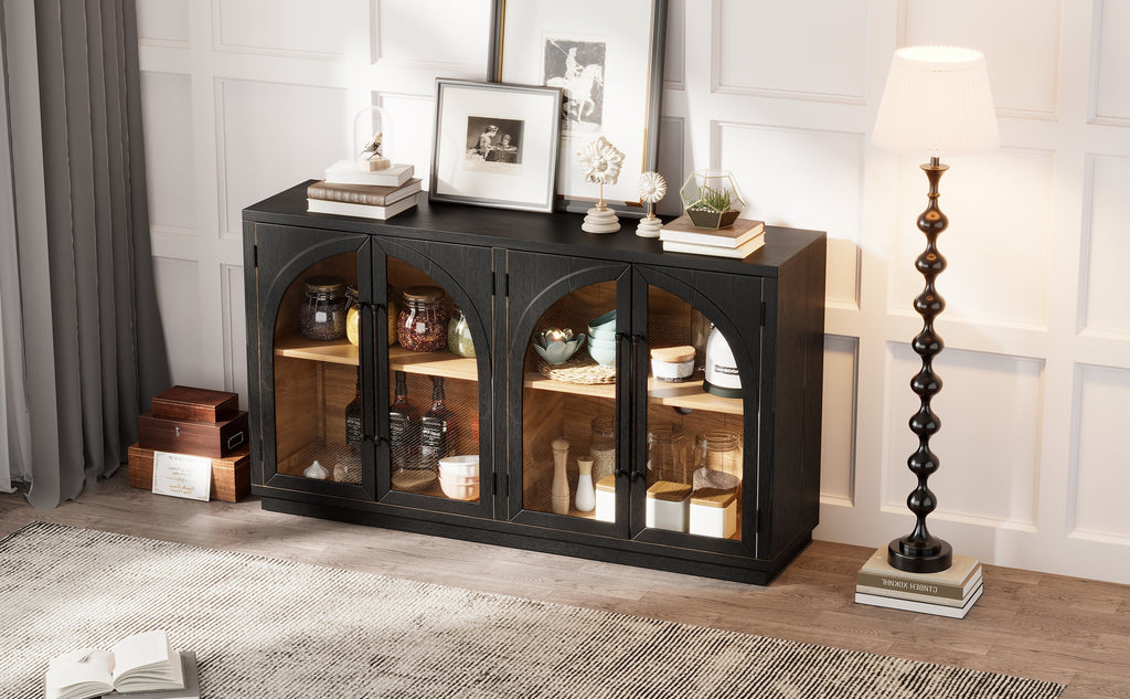 4-Door Storage Sideboard Buffet Cabinet with Arched Glass Doors