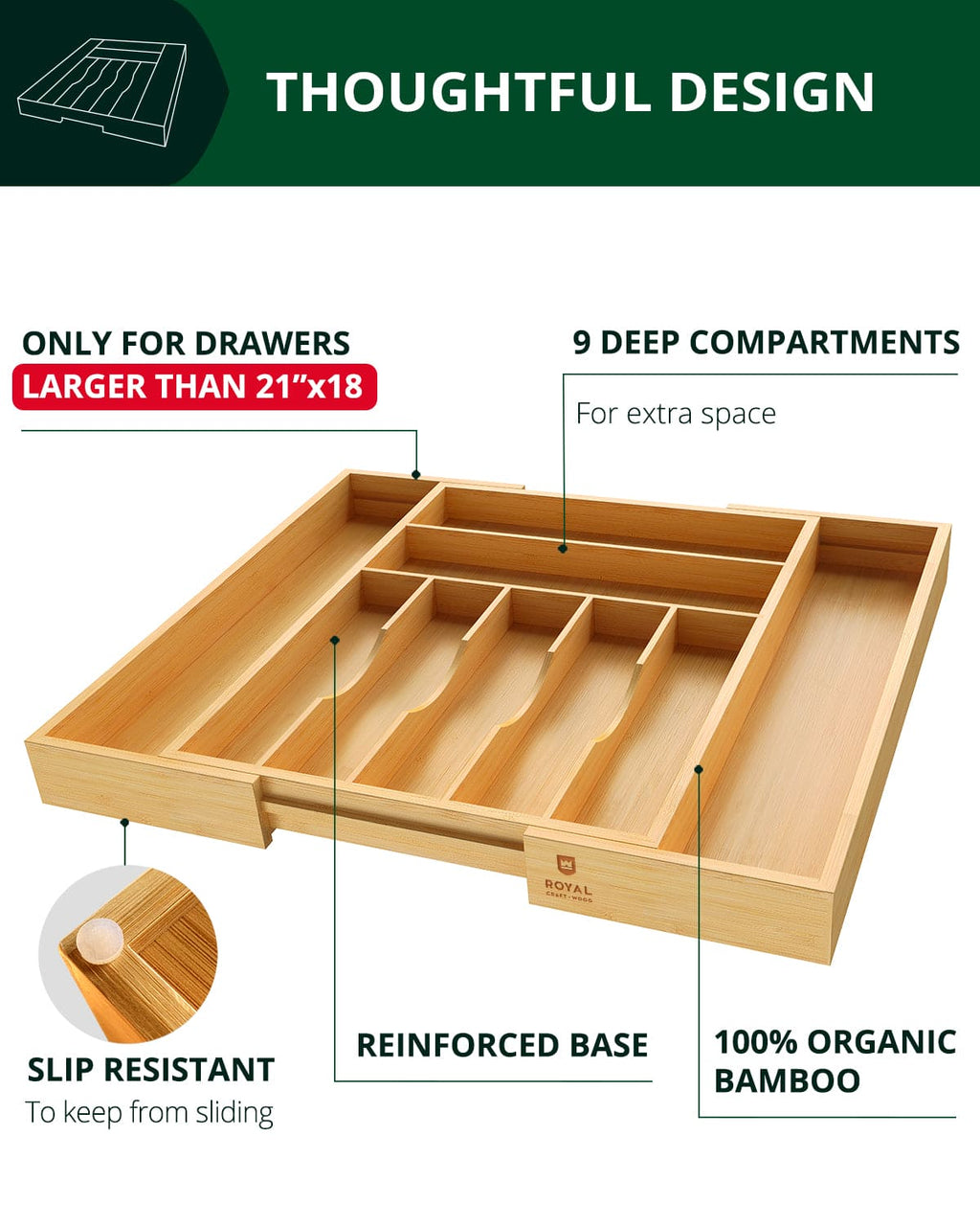 Bamboo Silverware Drawer Organizer, Expandable