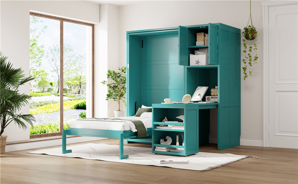 Rotating Wall Murphy Beds with Bookshelf, Teal (TWIN)