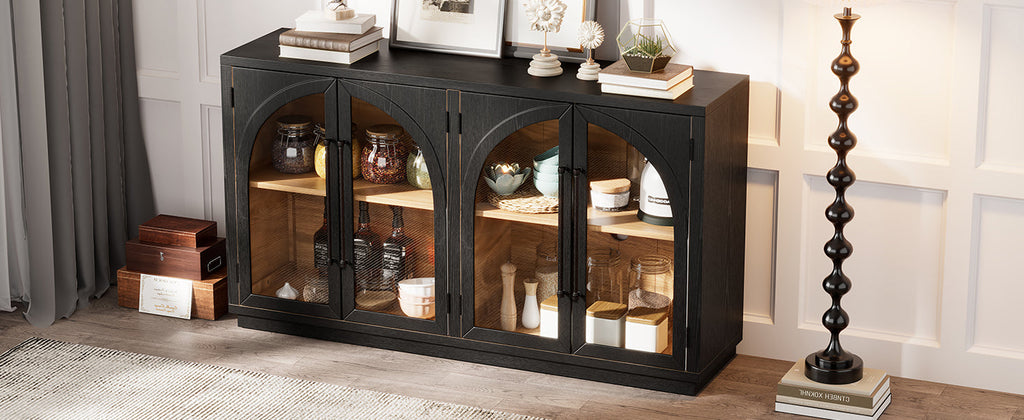 4-Door Storage Sideboard Buffet Cabinet with Arched Glass Doors