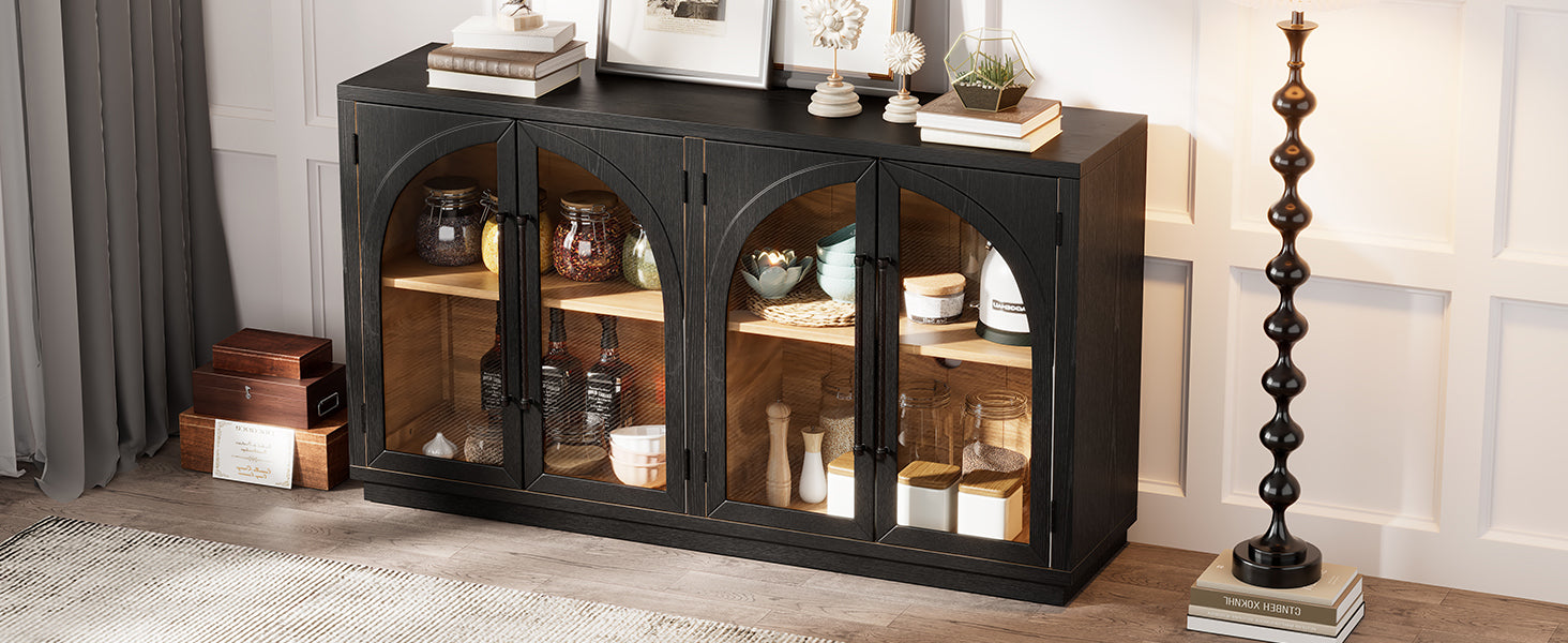 4-Door Storage Sideboard Buffet Cabinet with Arched Glass Doors