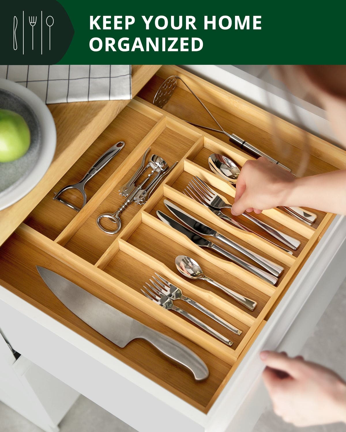 Bamboo Silverware Drawer Organizer, Expandable