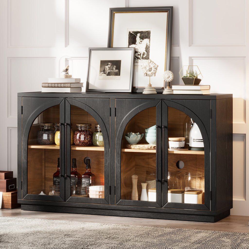 4-Door Storage Sideboard Buffet Cabinet with Arched Glass Doors