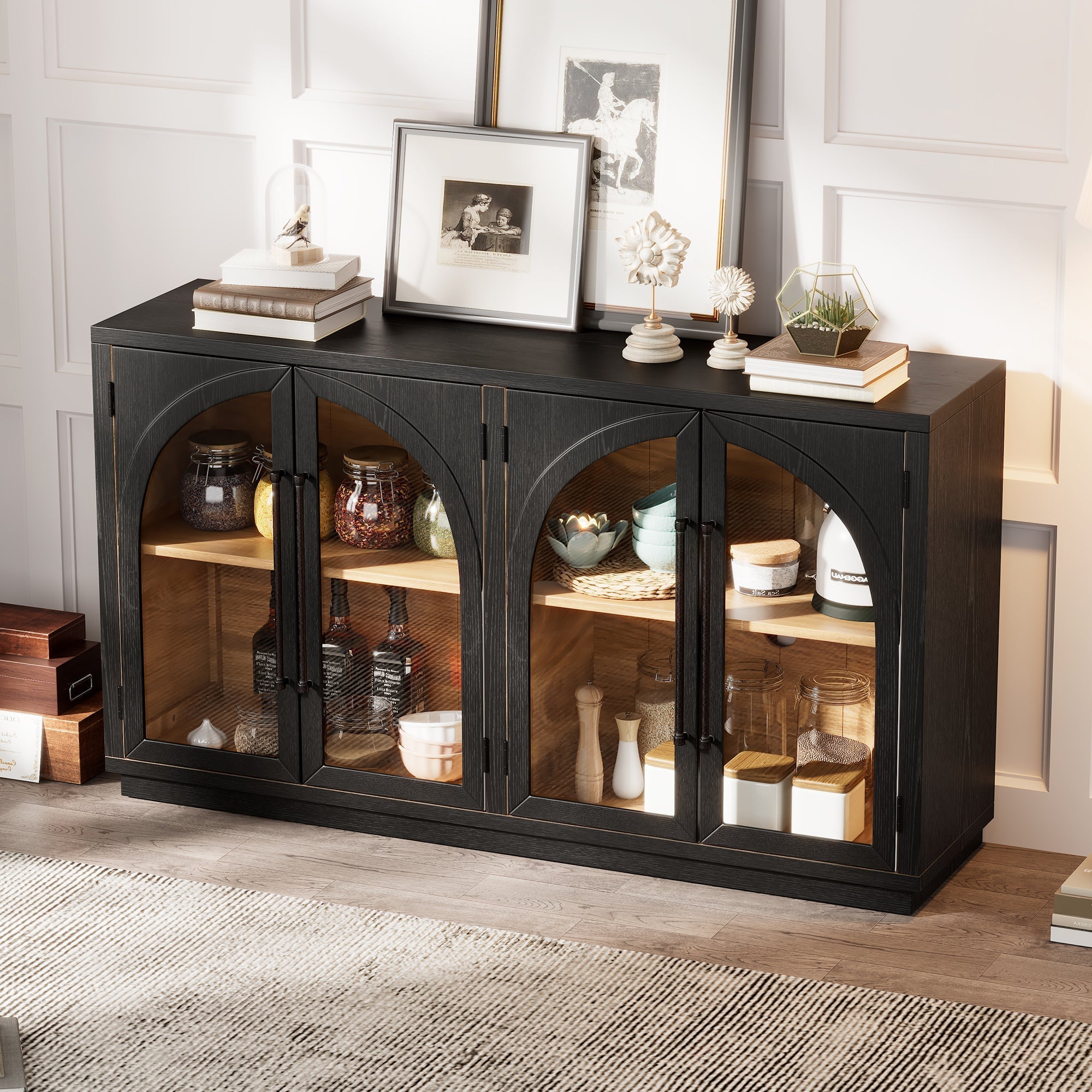 4-Door Storage Sideboard Buffet Cabinet with Arched Glass Doors