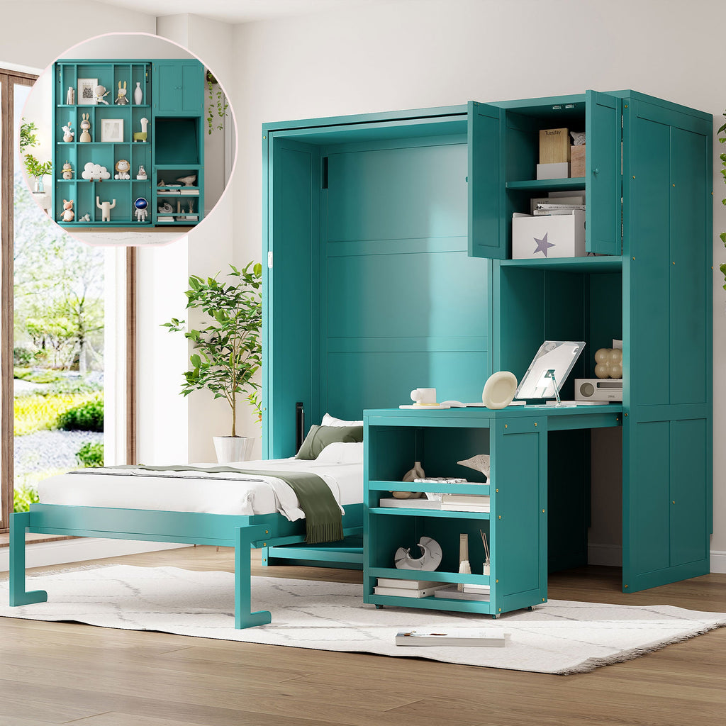 Rotating Wall Murphy Beds with Bookshelf, Teal (TWIN)