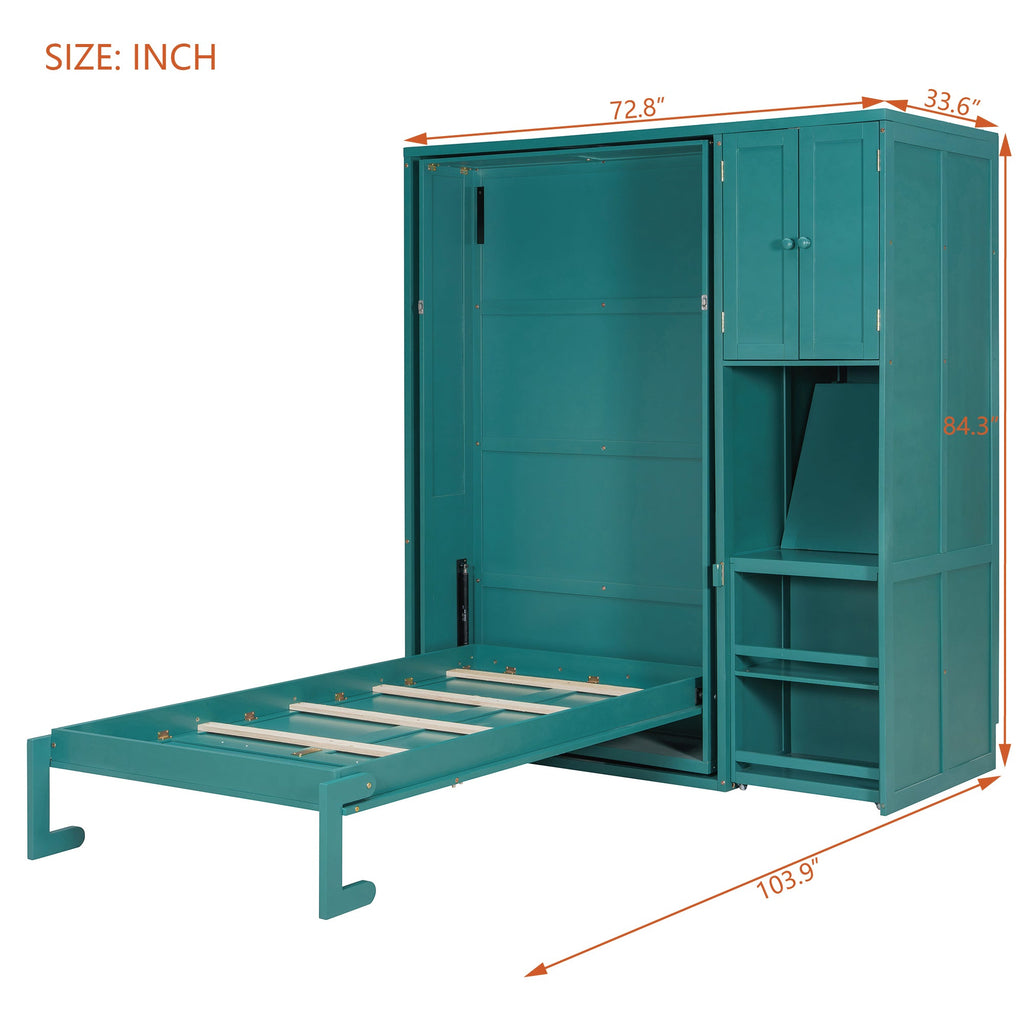 Rotating Wall Murphy Beds with Bookshelf, Teal (TWIN)