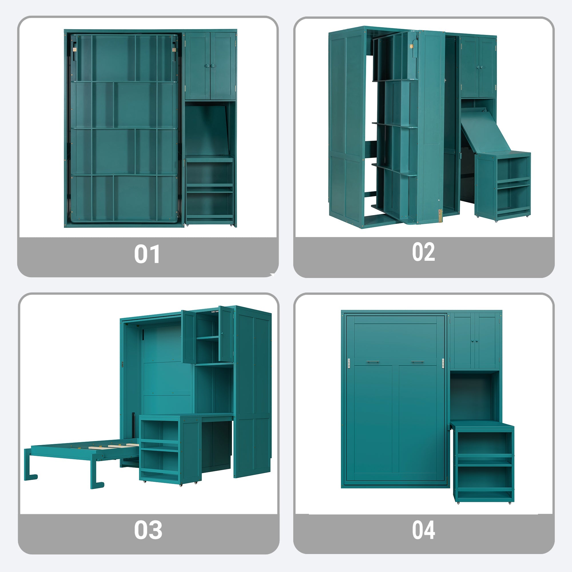 Rotating Wall Murphy Beds with Bookshelf, Teal (TWIN)
