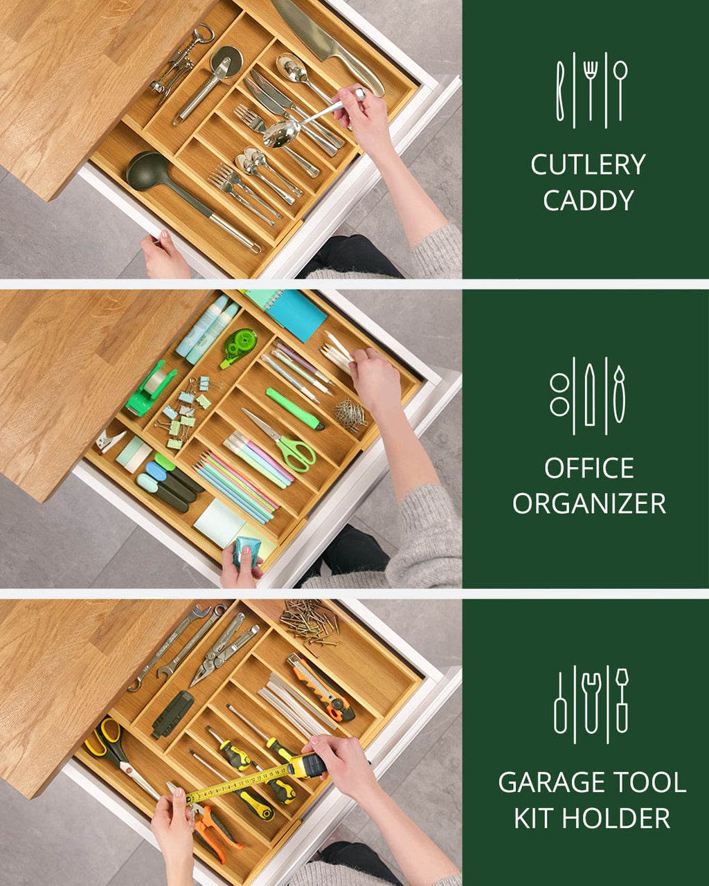 Bamboo Silverware Drawer Organizer, Expandable