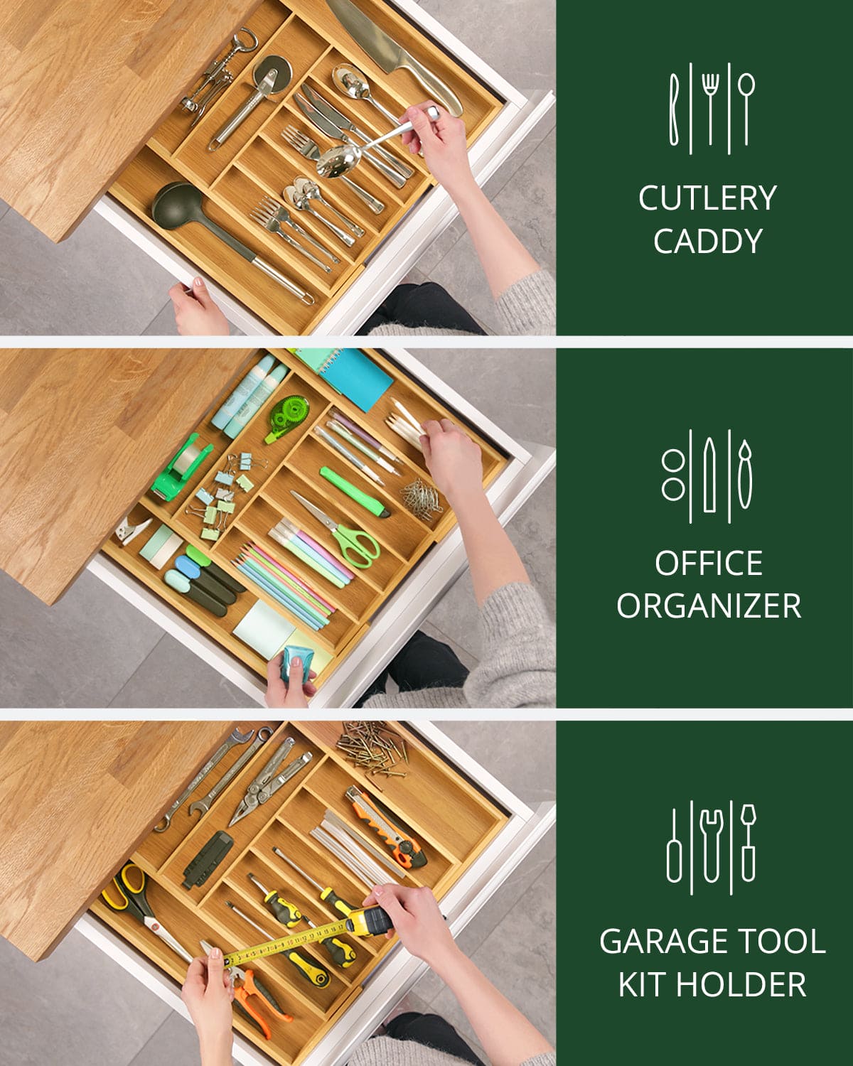Bamboo Silverware Drawer Organizer, Expandable