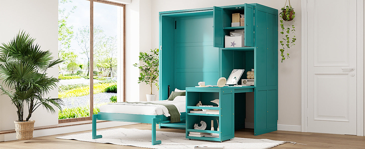 Rotating Wall Murphy Beds with Bookshelf, Teal (TWIN)