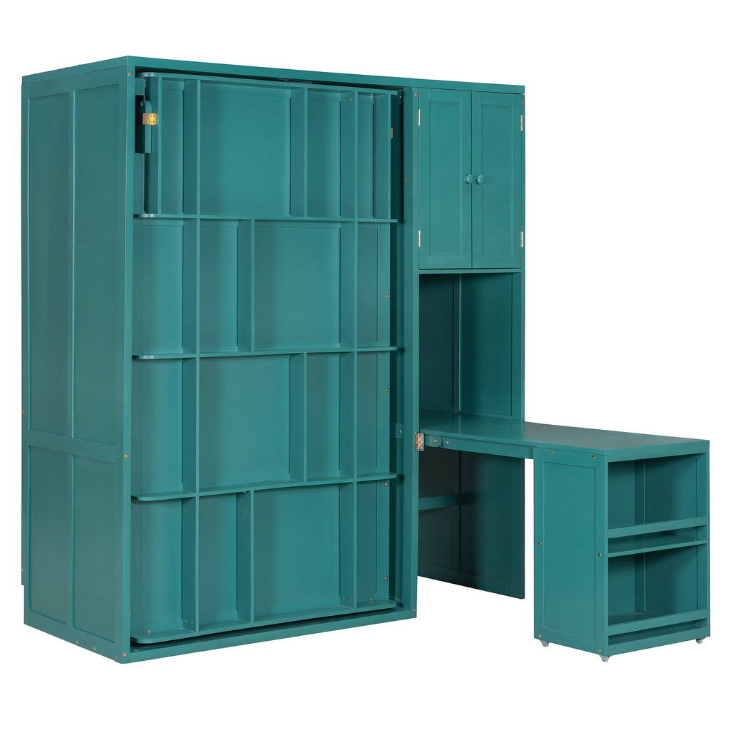 Rotating Wall Murphy Beds with Bookshelf, Teal (TWIN)