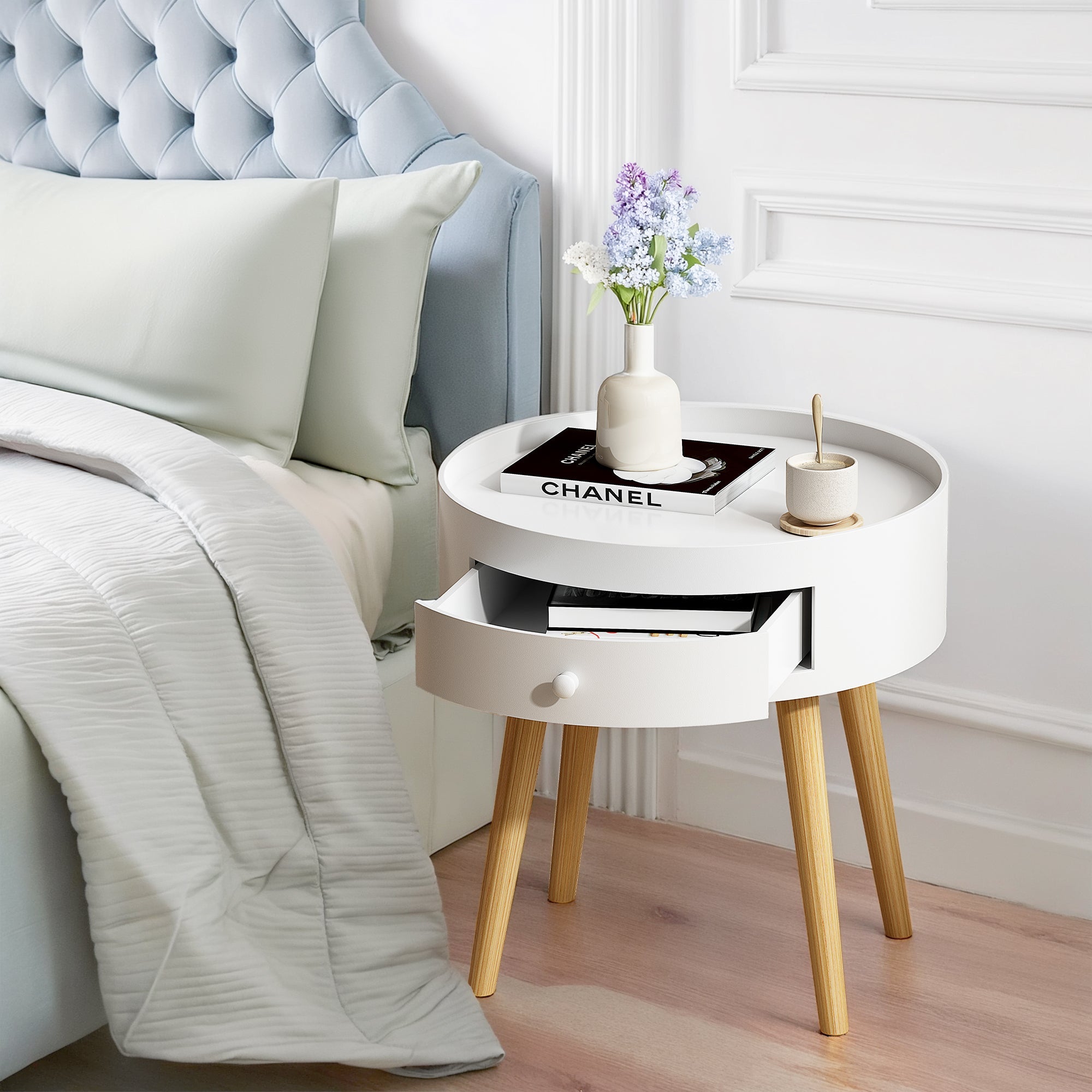 Nightingale 18"H Table with Drawer & Oak Legs, White