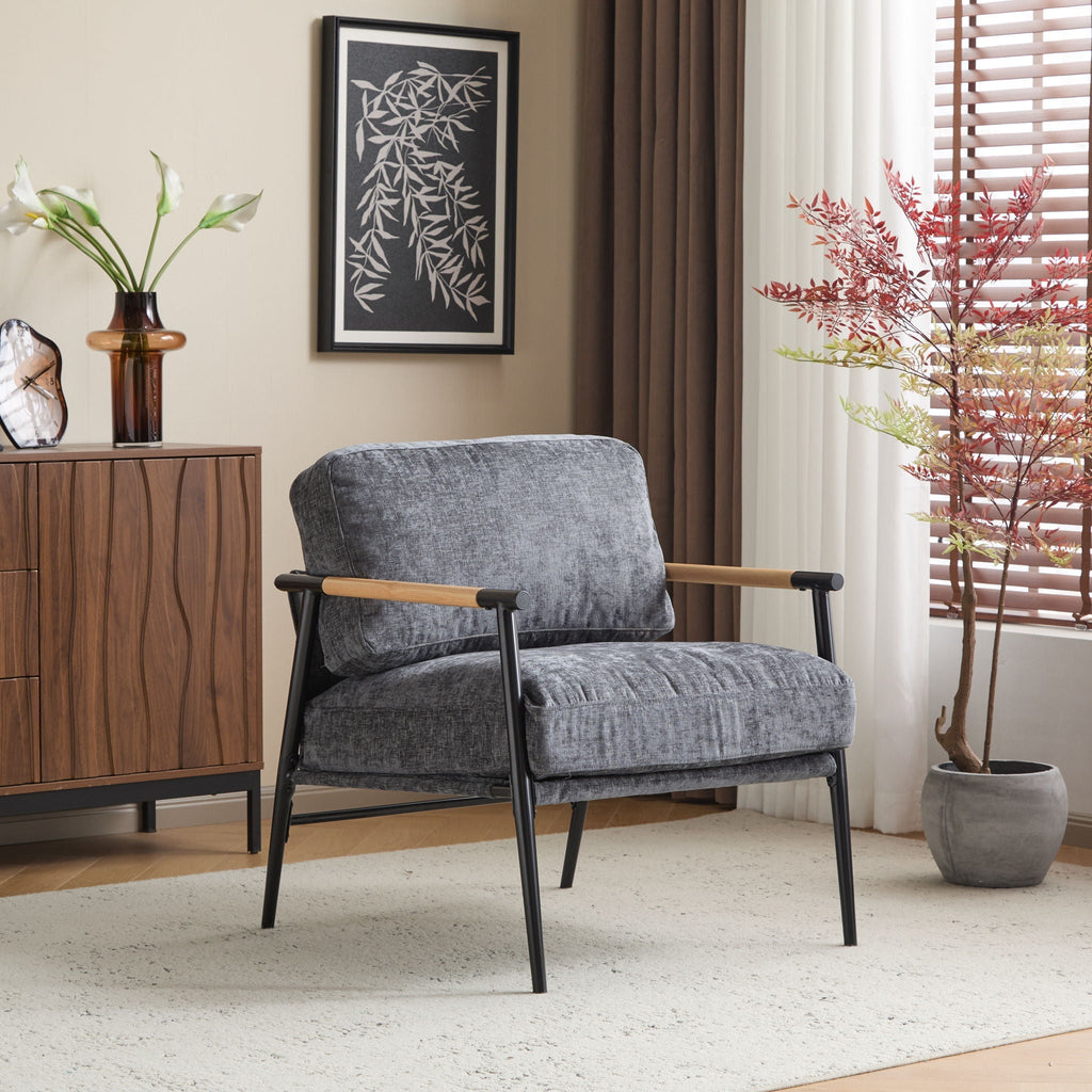 Modern Accent Chair With Plush Cushions and Wooden Armrests