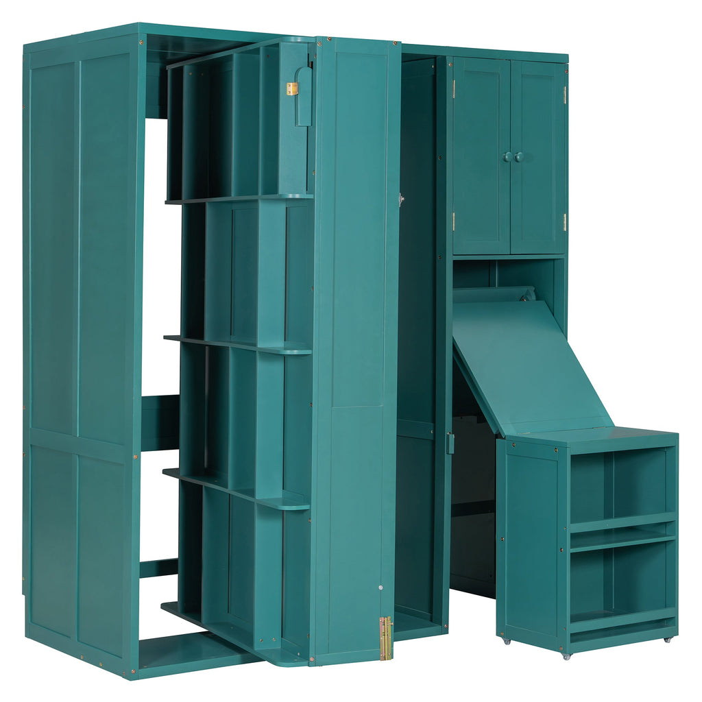 Rotating Wall Murphy Beds with Bookshelf, Teal (TWIN)