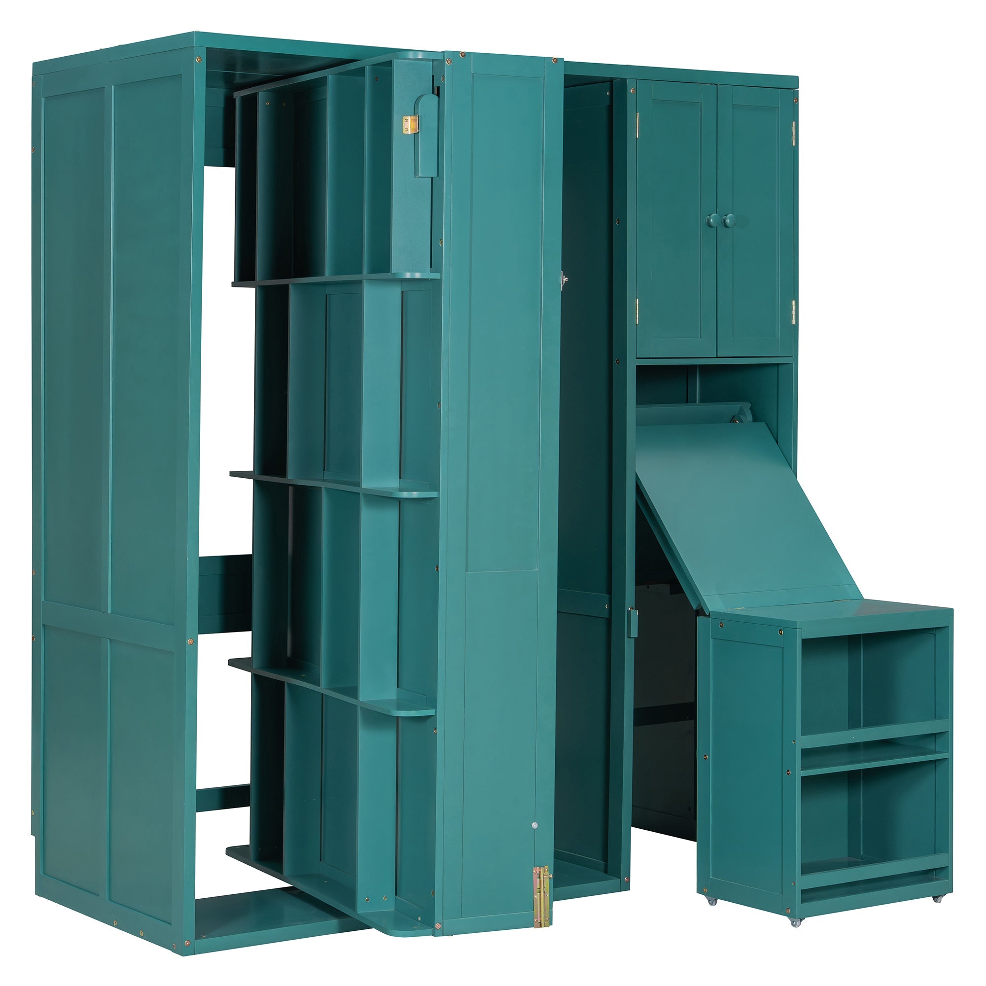 Rotating Wall Murphy Beds with Bookshelf, Teal (TWIN)