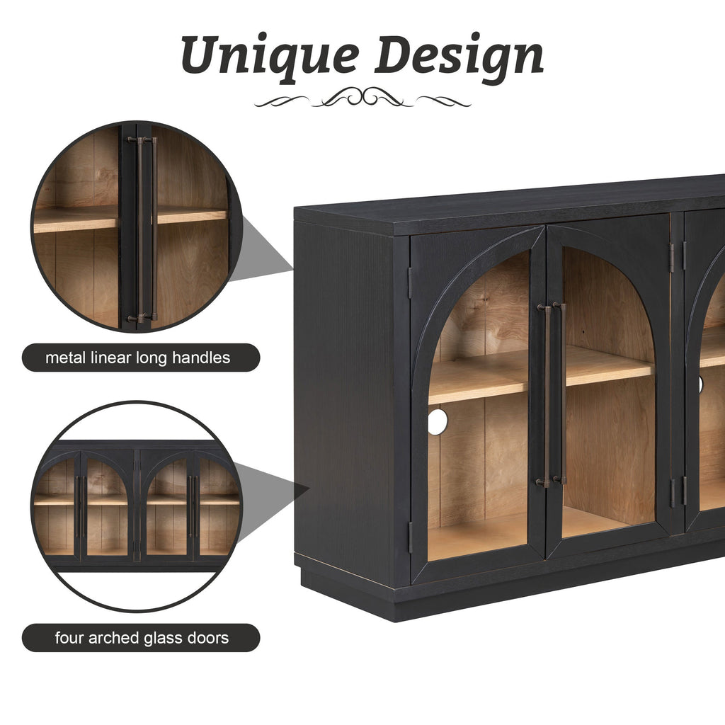 4-Door Storage Sideboard Buffet Cabinet with Arched Glass Doors