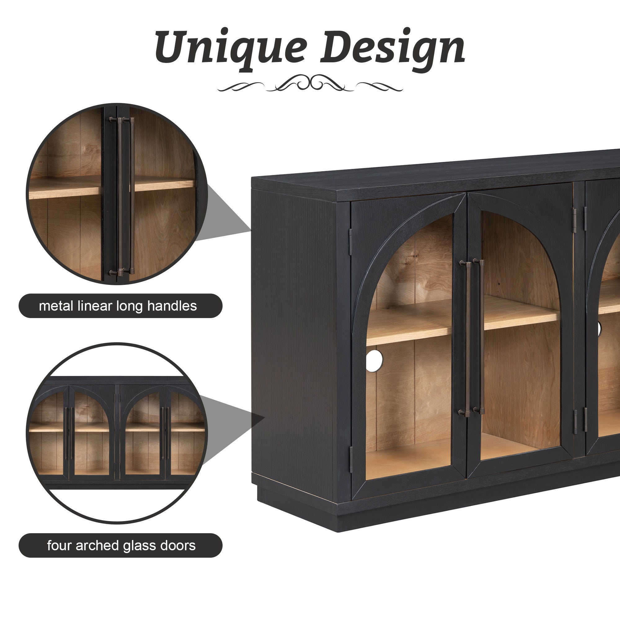 4-Door Storage Sideboard Buffet Cabinet with Arched Glass Doors