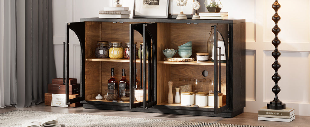 4-Door Storage Sideboard Buffet Cabinet with Arched Glass Doors