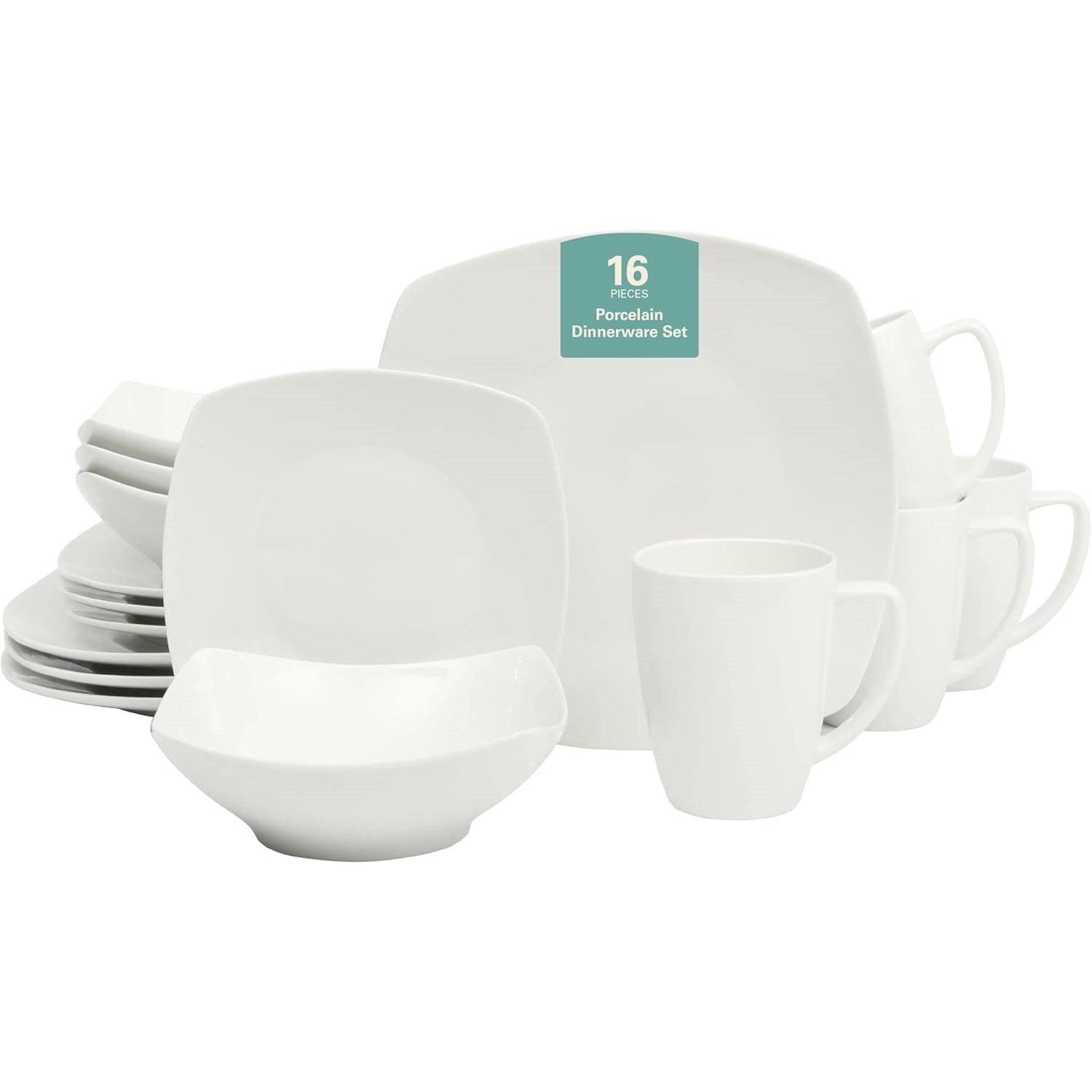 Square Porcelain Dinnerware Set, 16 pc, white
