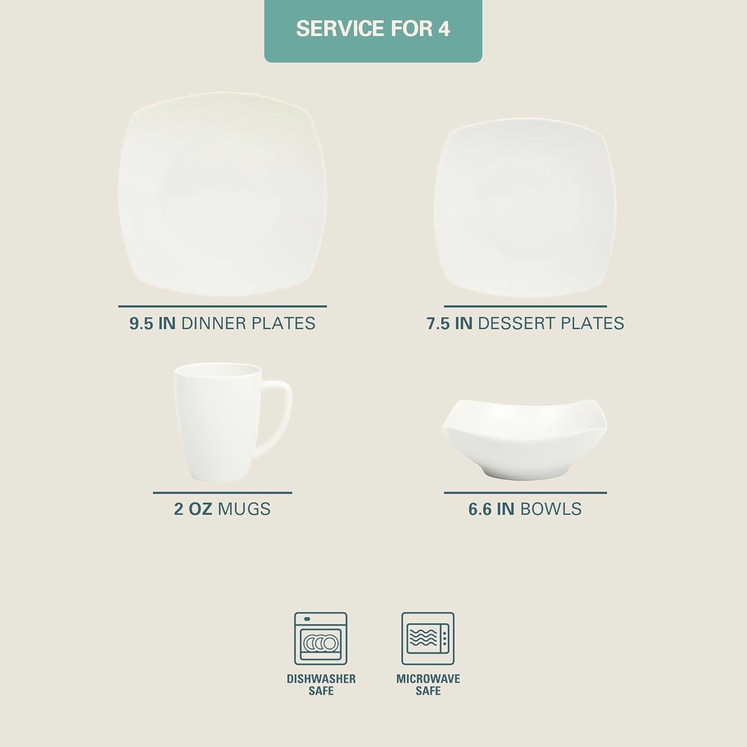 Square Porcelain Dinnerware Set, 16 pc, white