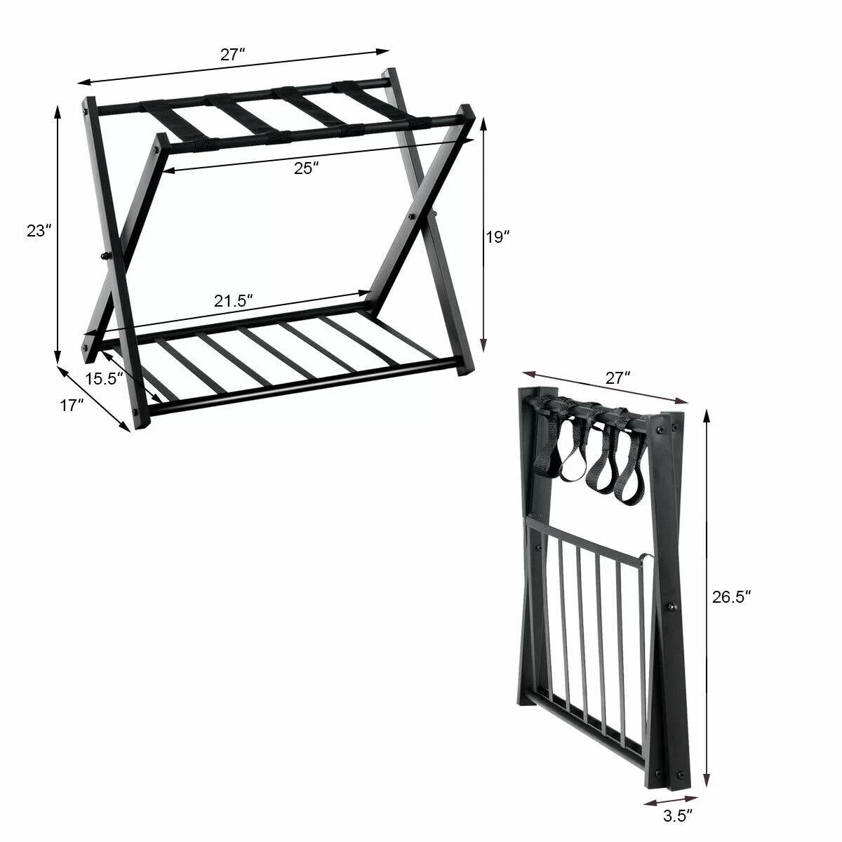 Luggage Rack, Folding Black Metal, set of 2