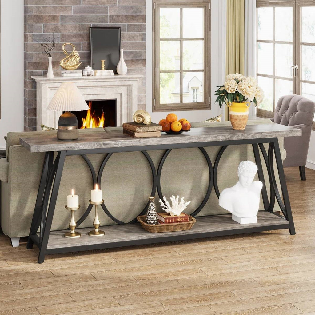 Industrial Wood Top Sofa Table-Grey, 70-inch