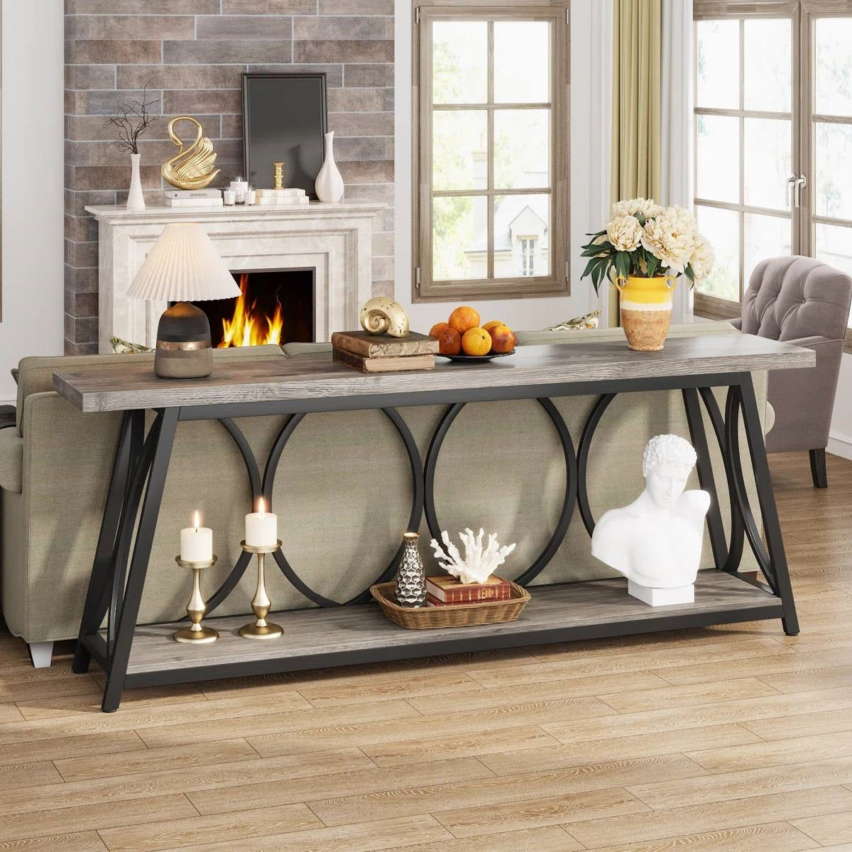 Industrial Wood Top Sofa Table-Grey, 70-inch