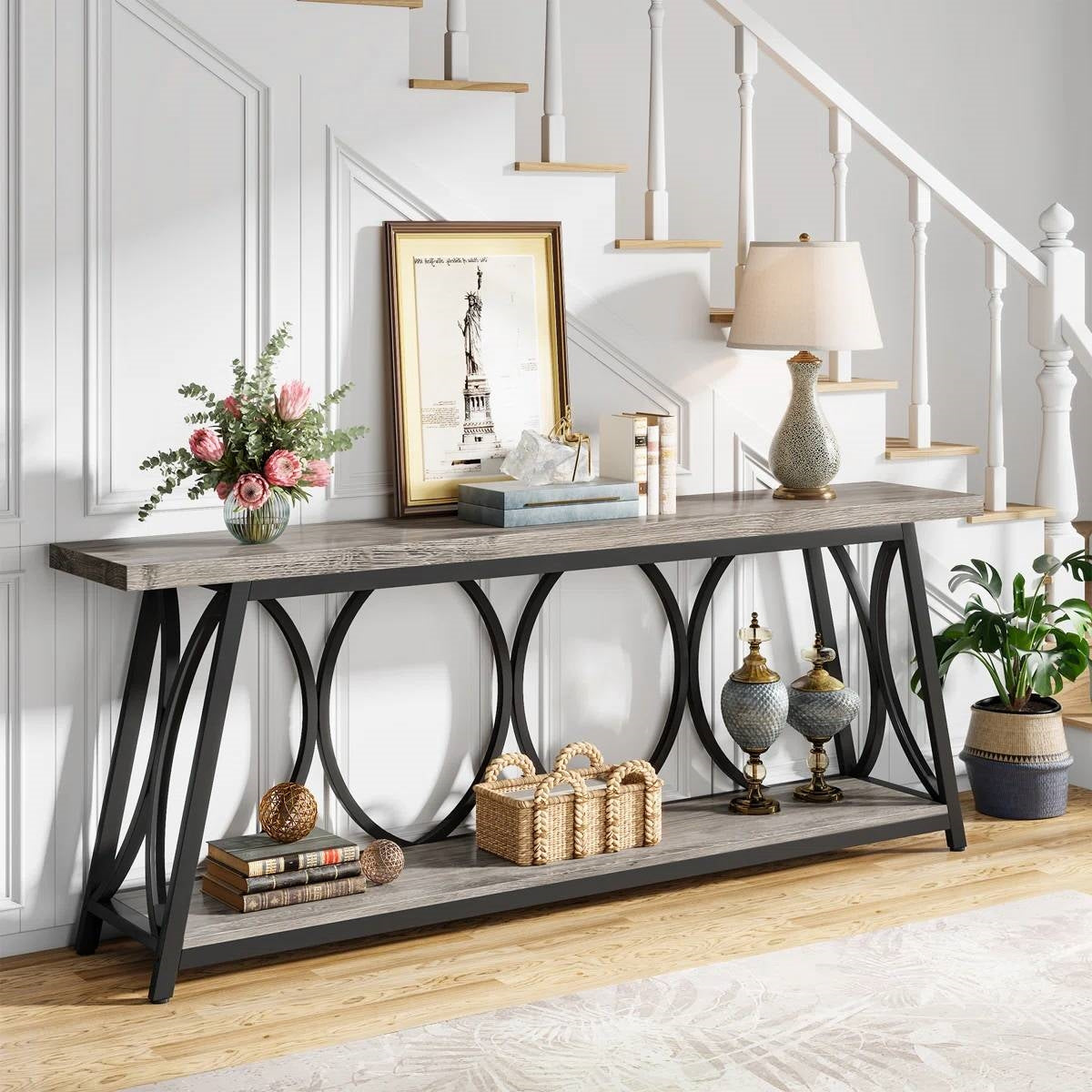 Industrial Wood Top Sofa Table-Grey, 70-inch