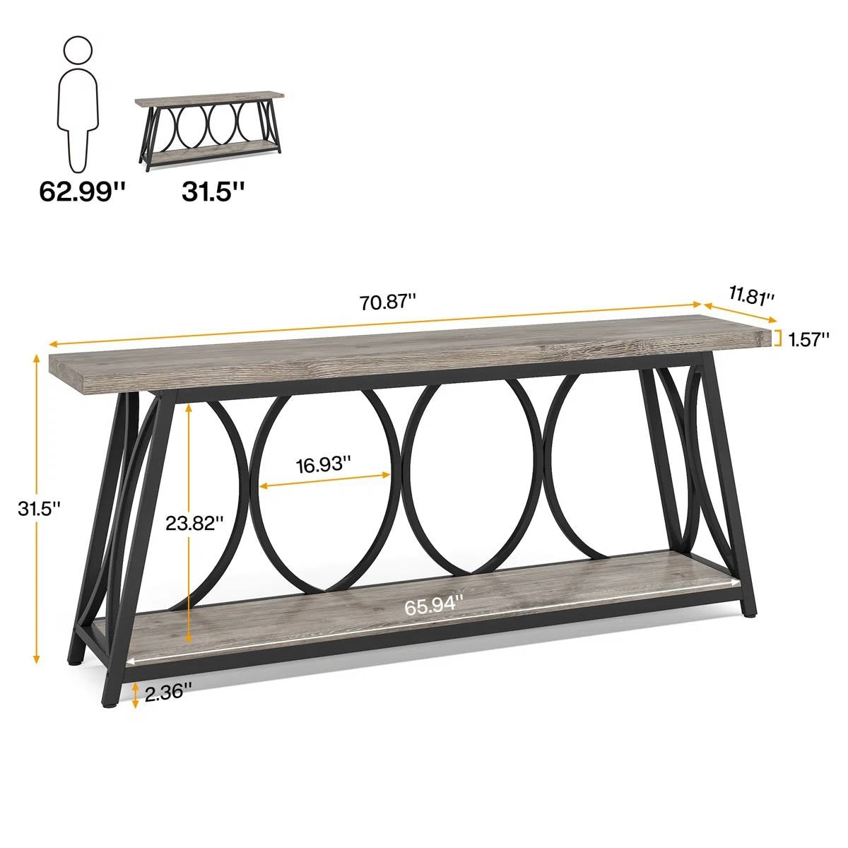 Industrial Wood Top Sofa Table-Grey, 70-inch