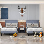 Twin Grey Upholstered Platform Bed Frame with Headboard, set of 2