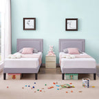 Twin Grey Upholstered Platform Bed Frame with Headboard, set of 2
