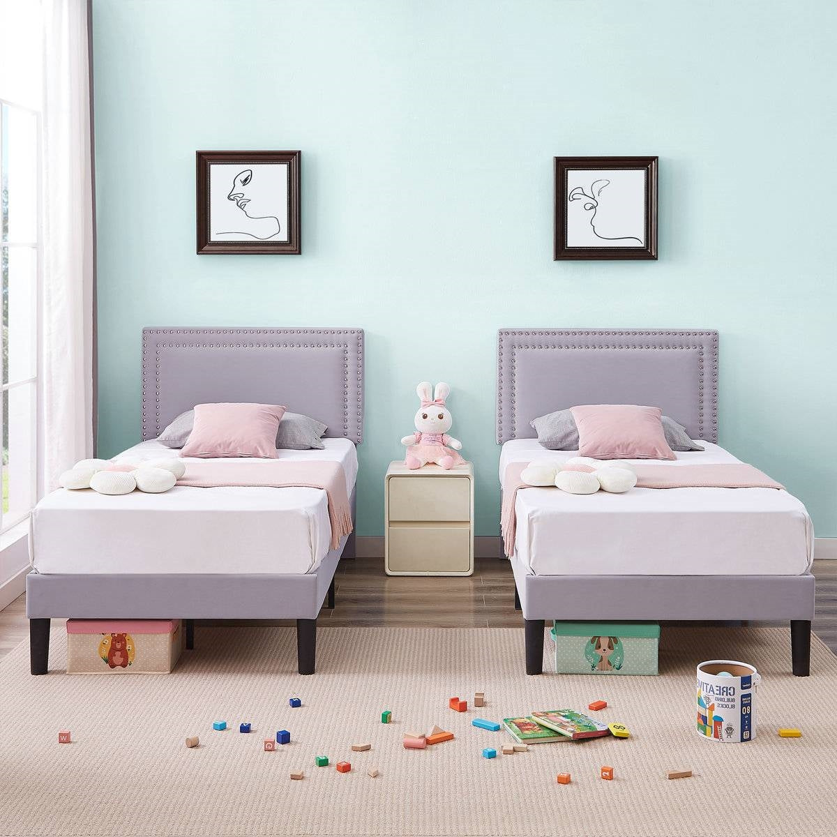 Twin Grey Upholstered Platform Bed Frame with Headboard, set of 2