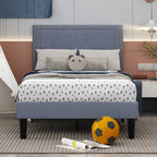 Twin Grey Upholstered Platform Bed Frame with Headboard, set of 2