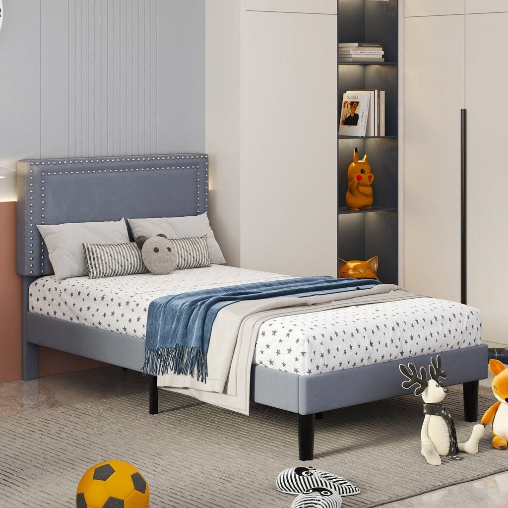 Twin Grey Upholstered Platform Bed Frame with Headboard, set of 2