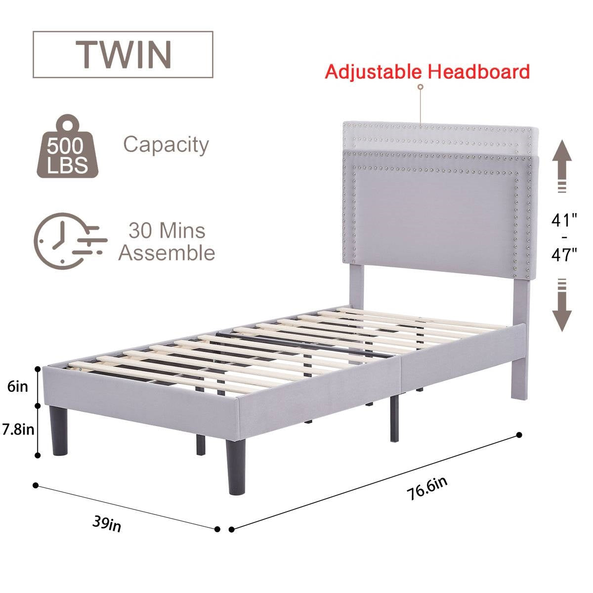 Twin Grey Upholstered Platform Bed Frame with Headboard, set of 2