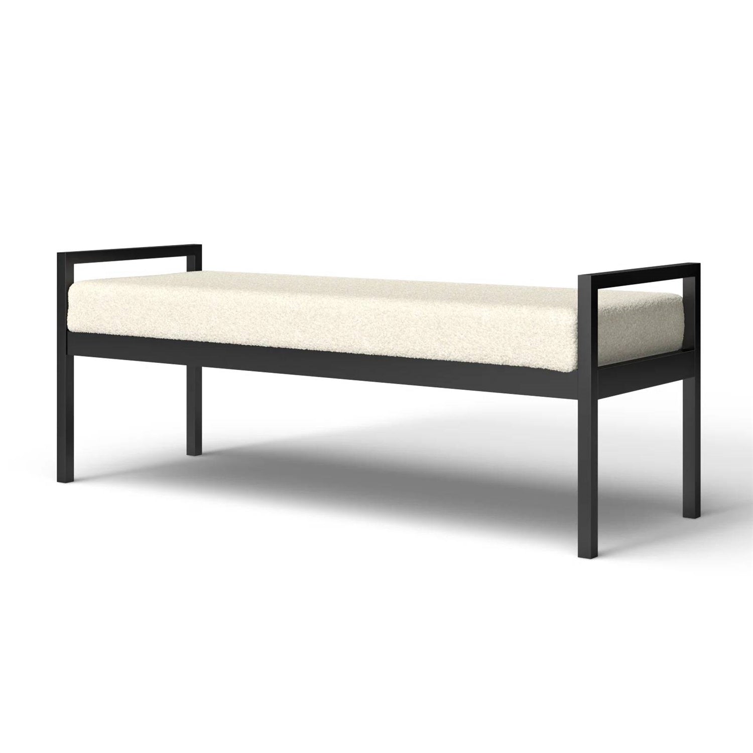 Modern Industrial Bench with Black Metal Frame and Cream Upholstered Cushion