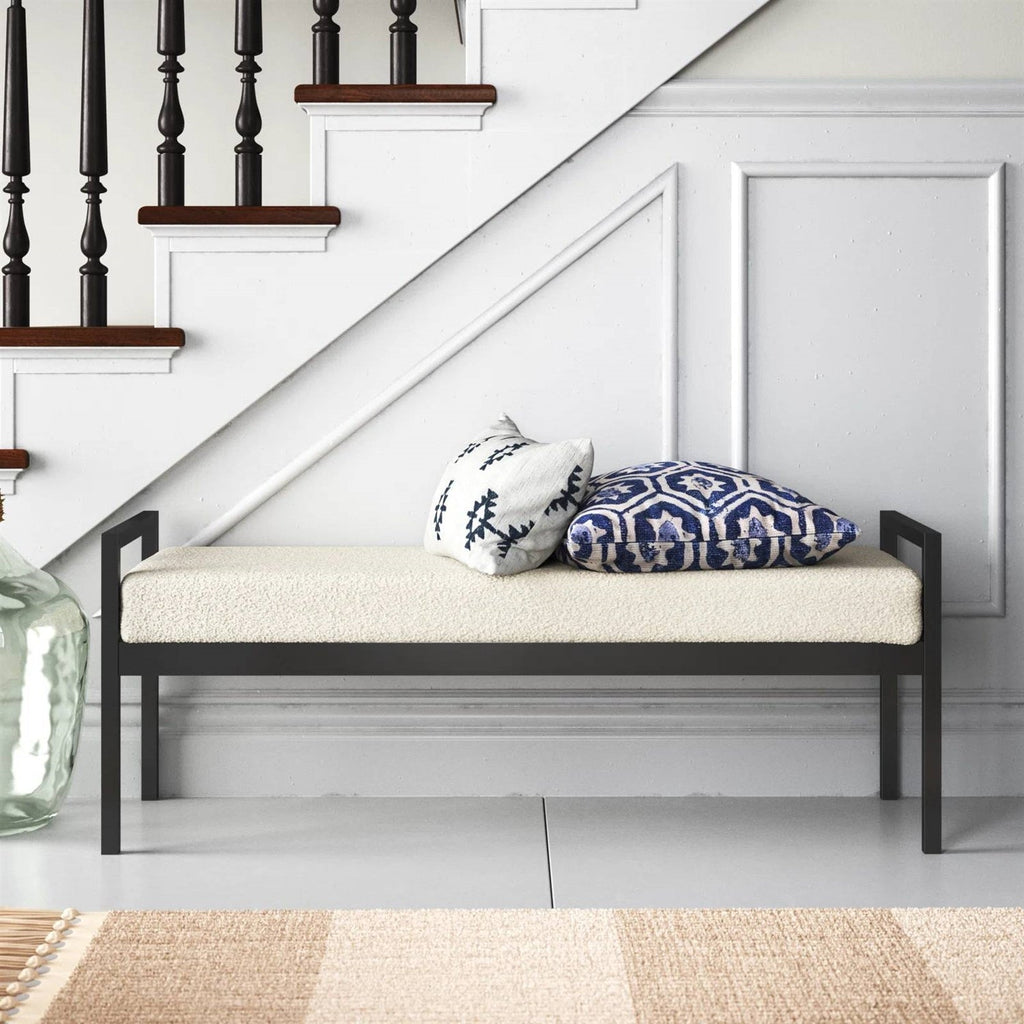 Modern Industrial Bench with Black Metal Frame and Cream Upholstered Cushion
