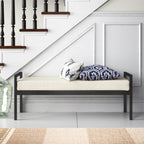 Modern Industrial Bench with Black Metal Frame and Cream Upholstered Cushion