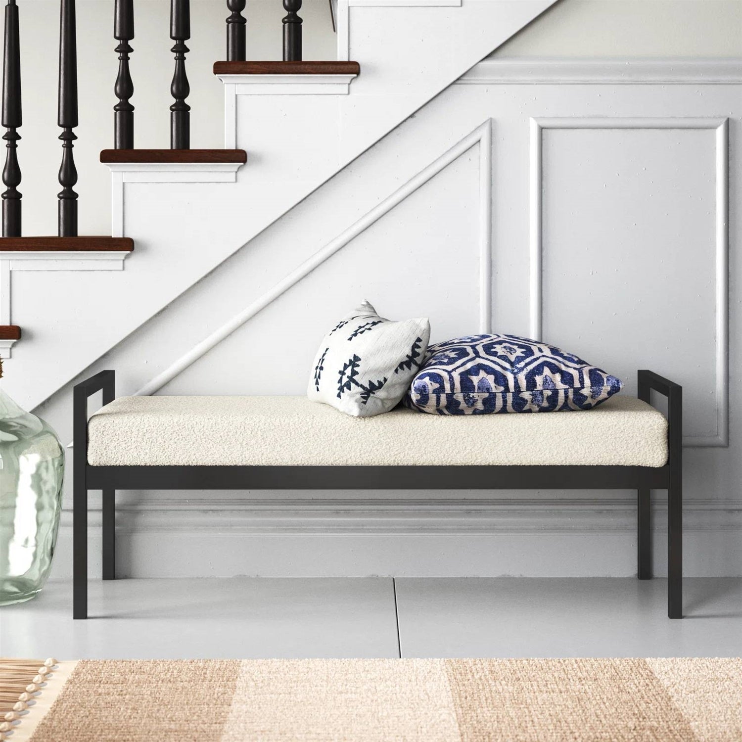 Modern Industrial Bench with Black Metal Frame and Cream Upholstered Cushion