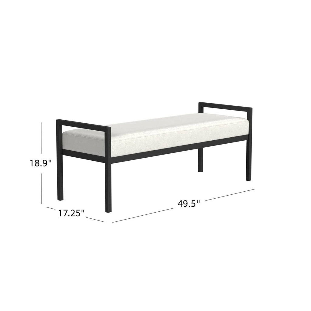 Modern Industrial Bench with Black Metal Frame and Cream Upholstered Cushion