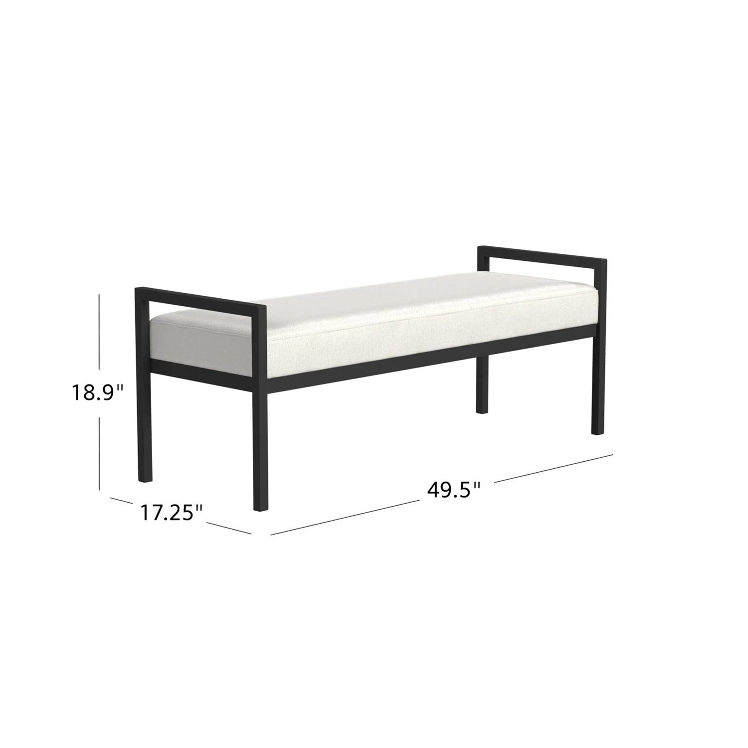 Modern Industrial Bench with Black Metal Frame and Cream Upholstered Cushion