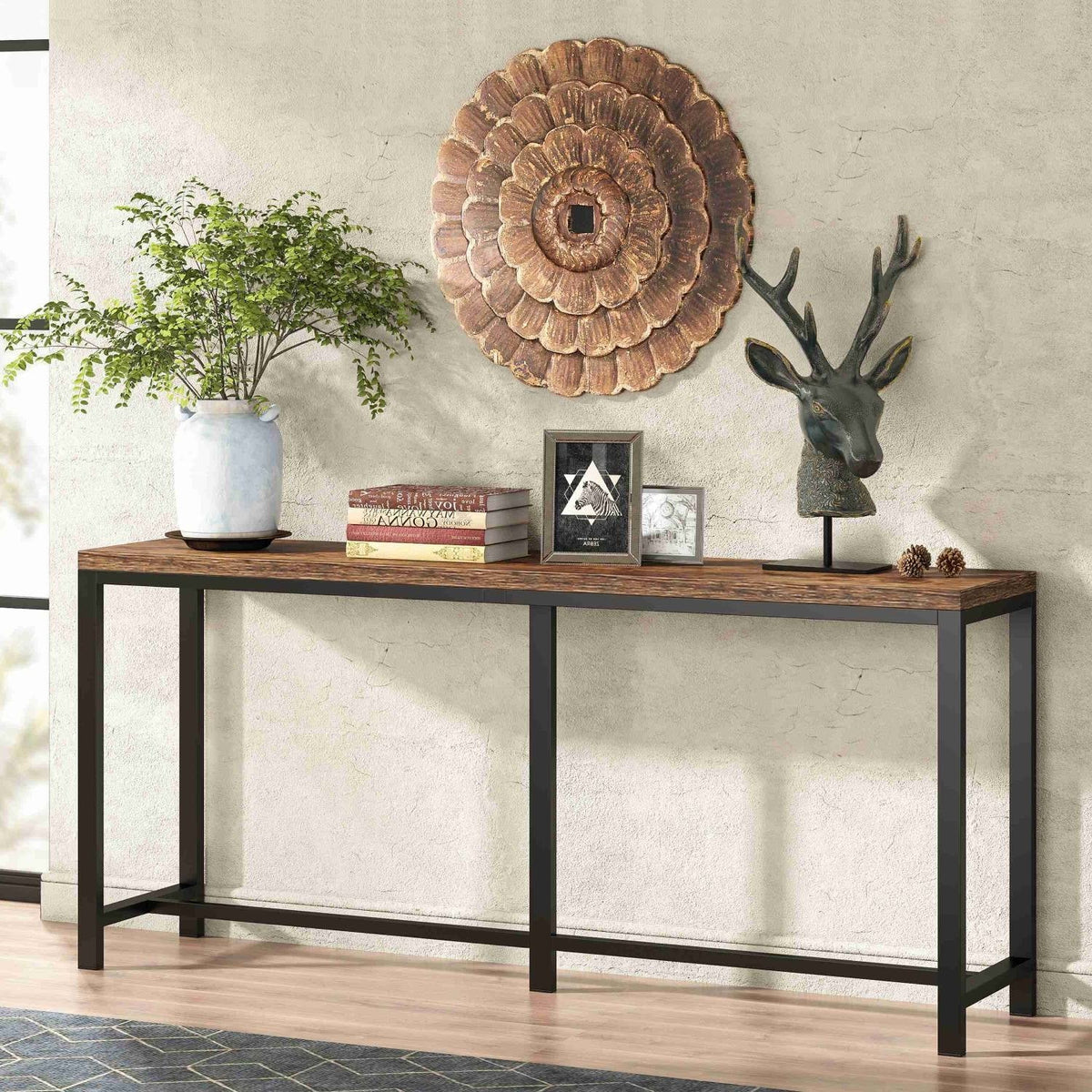 Wood-Black Metal Hallway Sofa Table, 70-inch
